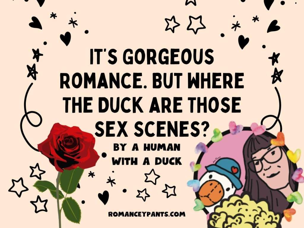 Along with the title, “It’s Gorgeous Romance. But Where The Duck Are Those Sex Scenes,” this image features a red rose, along with a silly cartoon of Star and their plushie Duck.