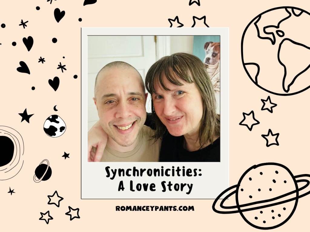 The author and their husband are pictured together and smiling. In the background are doodles of planets, hearts, and stars.